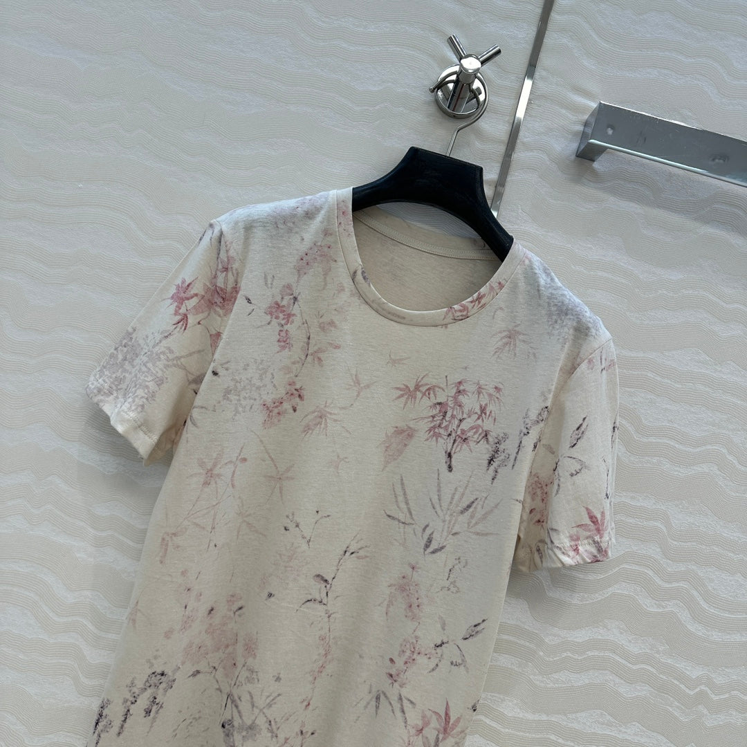 DIOR INK FLOWER PRINTED COTTON-LINEN T-SHIRT