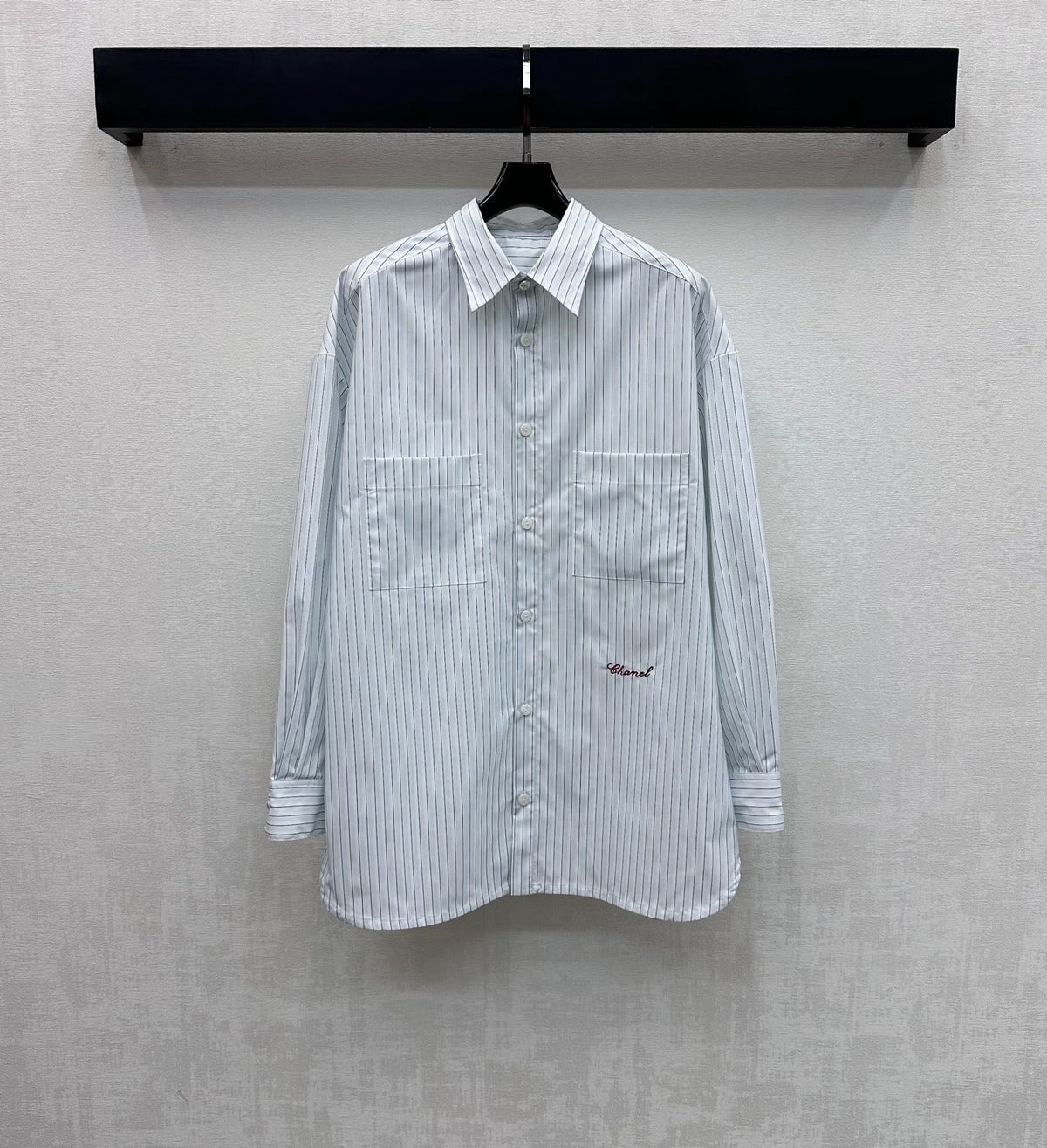 CHANEL STRIPED EMBROIDERED LOGO SHIRT WITH VERTICAL STRIPES
