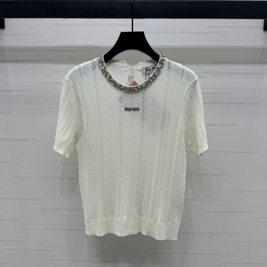 MIU 25S RHINESTONE COLLAR T-SHIRT 264095