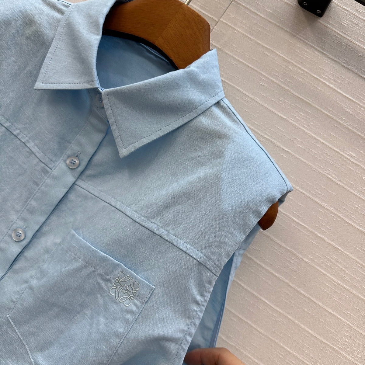 Loewe 25 Lace-up Waist Sleeveless Shirt Blue Linen