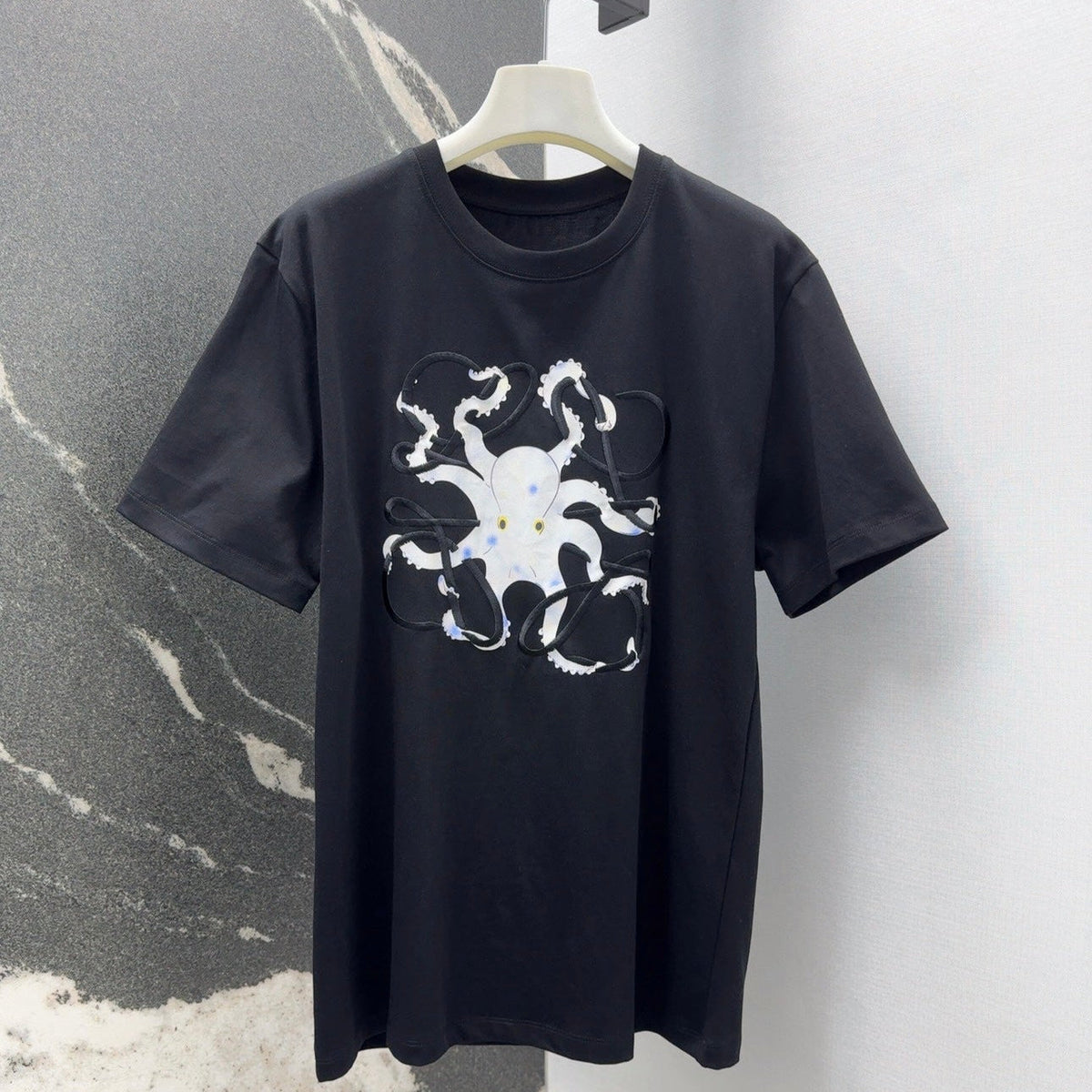 Loewe Octopus Print Embroidered Short-sleeved T-shirt Black Cotton