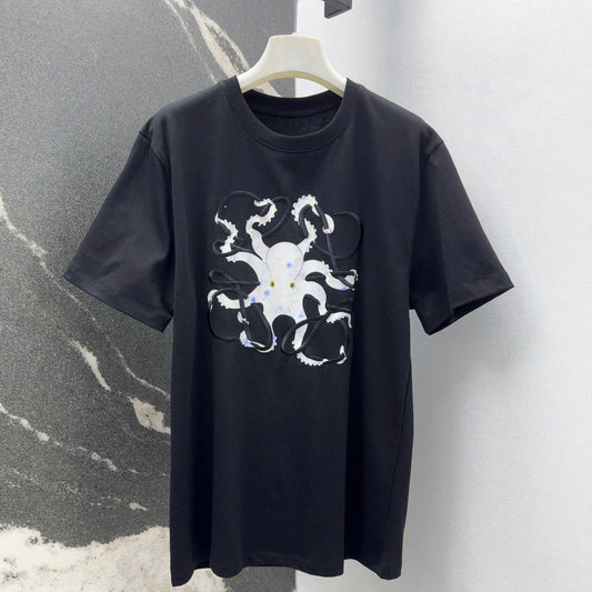 Loewe Octopus Print Embroidered Short-sleeved T-shirt Black Cotton