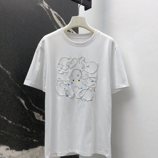 Loewe Octopus Print Embroidered Short-sleeved T-shirt White Cotton