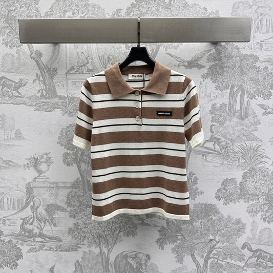 Miu 25 Polo T-Shirt Brown mix Beige Virgin Wool 233466